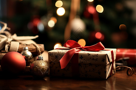 礼物盒和圣诞球背景图片