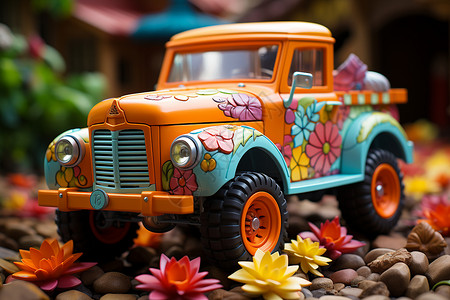 花环装饰的玩具卡车背景图片