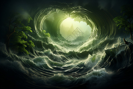 溪流瀑布绿色海浪中的树木设计图片