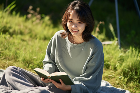 在看书女孩女孩在绿草地上阅读背景