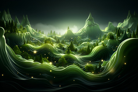生动自然月夜山水翠绿浪潮设计图片