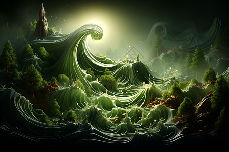 绿浪与茂密抽象树叶背景图片