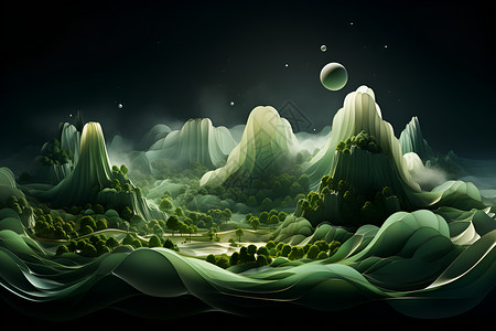生动自然月上山河幻境设计图片
