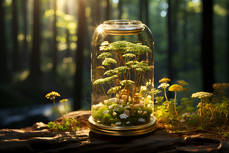 森林中的玻璃瓶背景图片