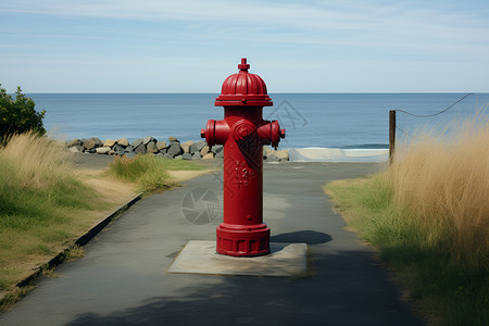 靠海的红色消防栓高清图片