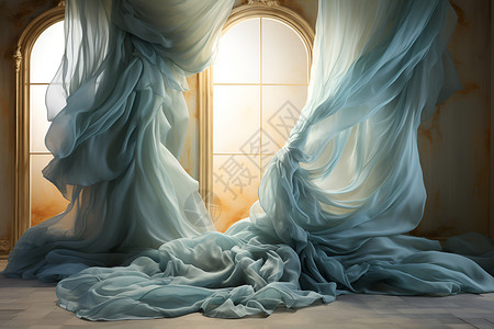 轻风拂动的丝绸窗帘背景图片