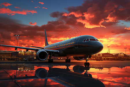 日落时机场停机坪停靠的飞机背景图片