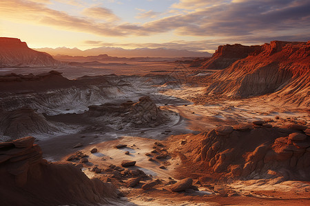 火星四溅日落时火星岩石沙丘景观背景