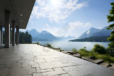 湖光山色中的现代建筑背景图片