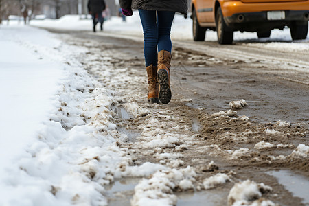 下雪天道路上的行人背景图片