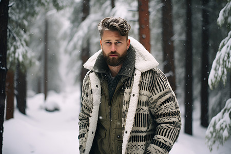 冬日森林中的俊秀男子背景图片