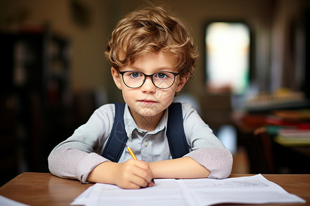 书写作业的外国小男孩背景图片