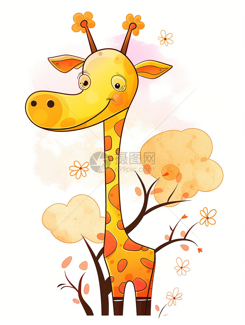 手绘艺术的长颈鹿动漫插图图片
