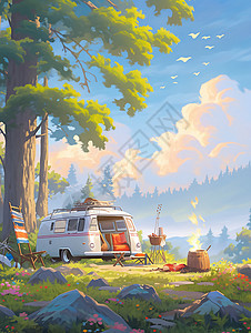夏季户外露营的油画插图背景图片
