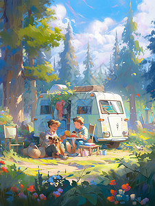 夏日野营中的温馨画面背景图片