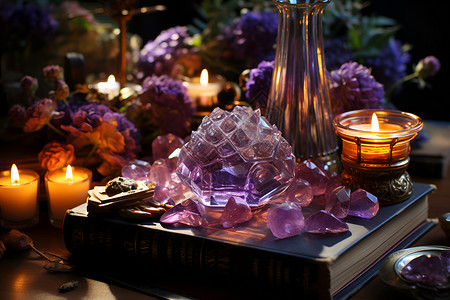 魔法蜡烛晶莹剔透的紫水晶背景