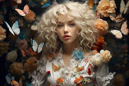 蝴蝶仙境中的梦幻女子背景图片