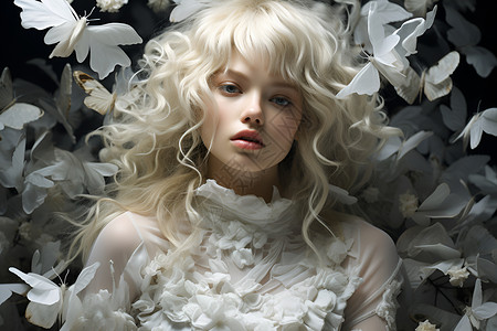 白蝶仙境中的梦幻女子背景图片