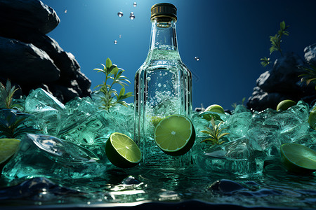 蓝绿色冰块冰块中的汽水瓶背景