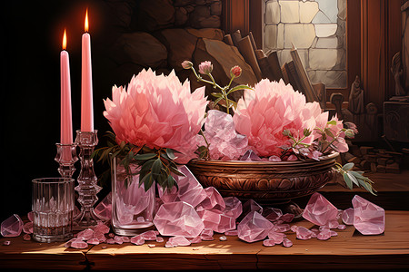桌上鲜花烛光和水晶背景图片