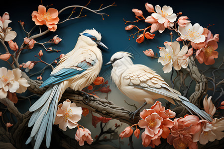 两只鸟在带树枝上栖息背景图片