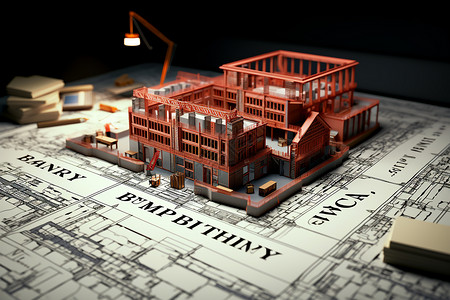 工程蓝图上的建筑模型背景图片