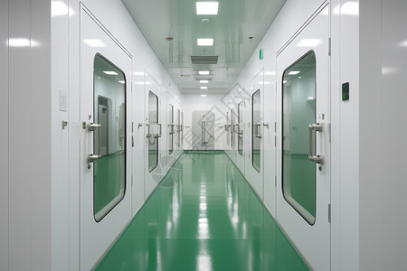 多功能工业厂房内的绿色长廊背景图片