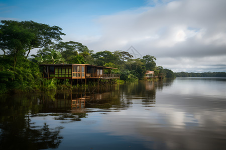 美丽的湖边小屋背景图片