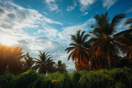 夕阳下的热带植物背景图片