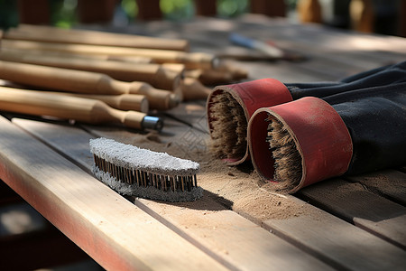 木桌上的打磨工具背景图片