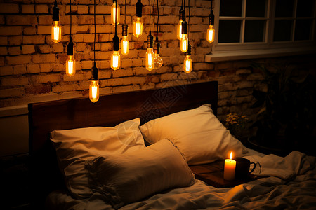 夜晚墙壁温暖灯光照亮着卧室背景