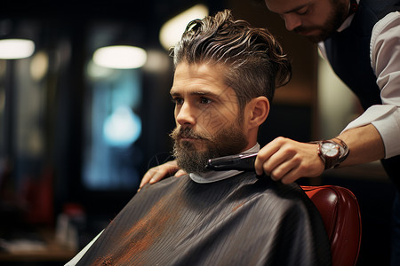 一个男子在理发店修建胡须背景图片