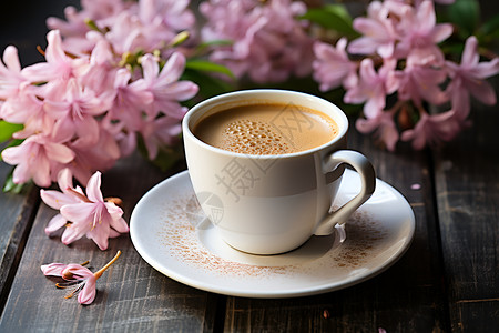 清晨美丽花朵和咖啡背景图片