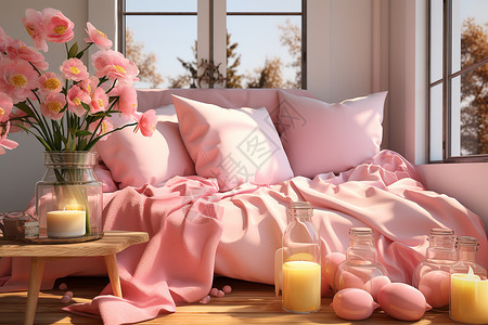 柔和桃粉色的床背景