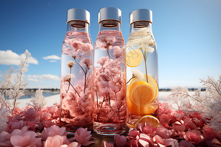 瓶子中的花和柠檬背景图片