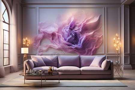 紫色沙发房间的壁画和沙发设计图片
