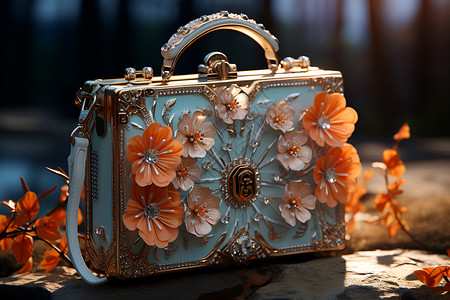 手提包上优雅的花朵装饰背景图片