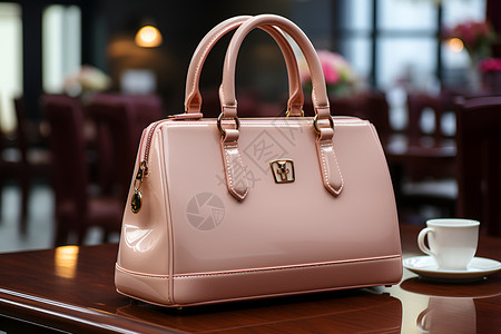 桌面上的粉色皮革手提包背景图片