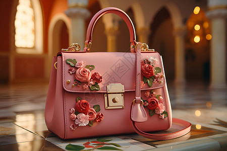 粉色花朵装饰的手提包背景图片