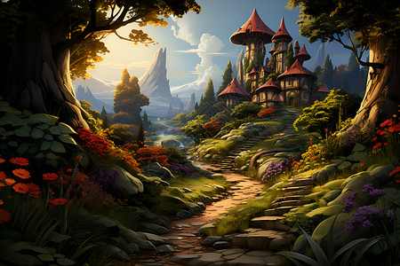 梦幻森林中的堡垒建筑背景图片