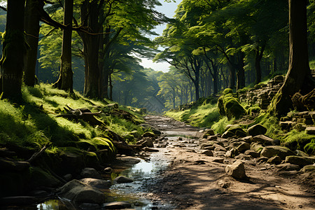 森林中青绿的树木和小溪高清图片