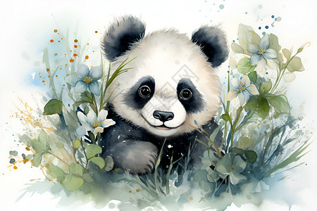 可爱梦幻花环可爱萌宠的熊猫绘画插画