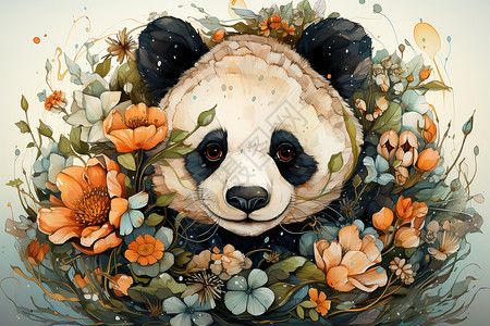 温馨可爱的花朵熊猫绘画背景图片
