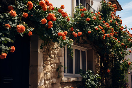 墙壁上的橙色花朵背景图片