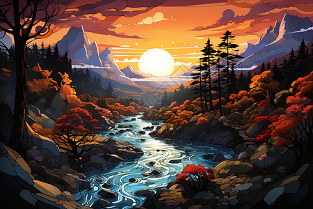 夕阳映照下的山间小溪背景图片