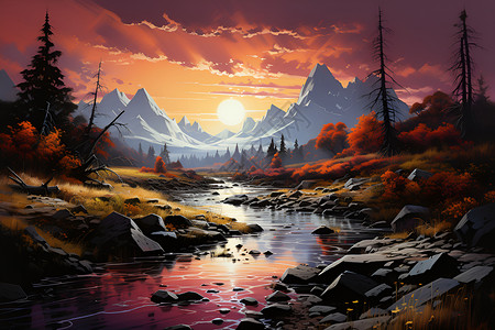 夕阳下的山间溪流背景图片