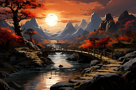 山涧小溪夕阳下的山涧奇景插画