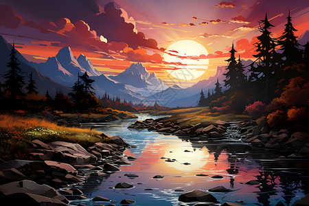 高山丛林高山溪流的夕阳美景插画