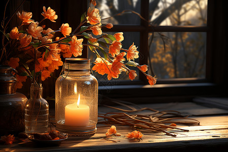 木桌上的蜡烛和花束背景图片