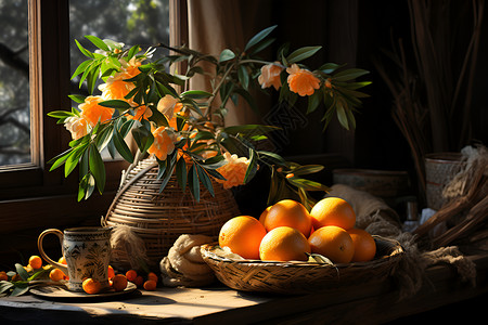 桌子上的橘子背景图片